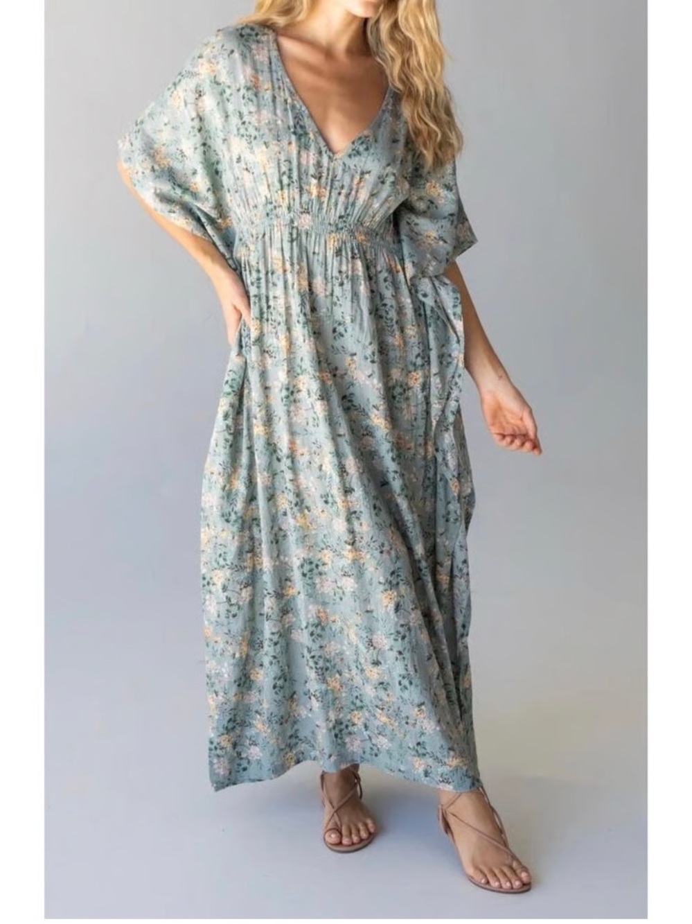 NATURAL LIFE Light Green Floral Kaftan Maxi Dress